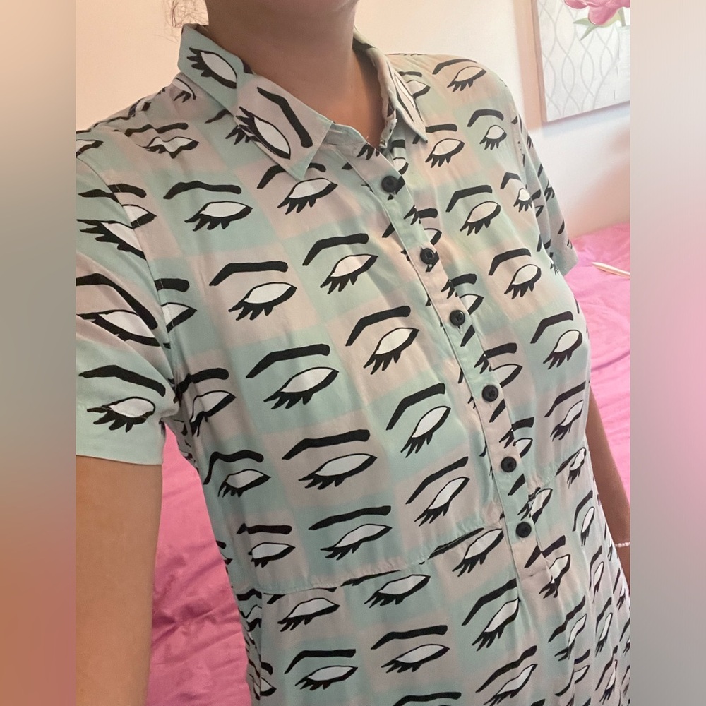 Artsy funky super cute short sleeve shirt dress - eye and eyebrow art